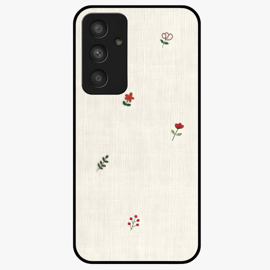 Minimal Petal Whispers Glass Case showing flat back view with soft minimal floral artwork and glossy glass finish.