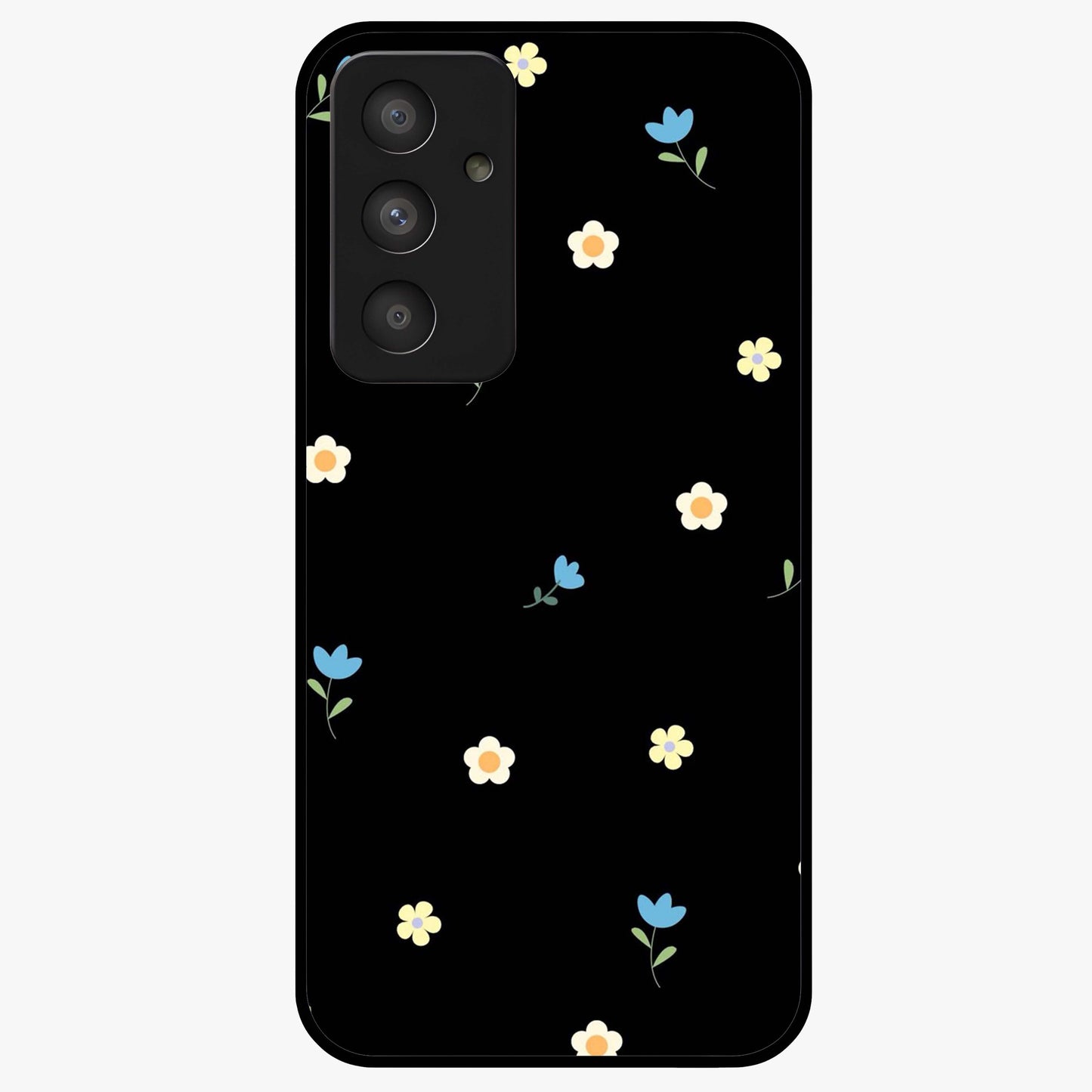 Minimalistic Blue With White Flower Pattern Glass Case showing flat back view with blue background and white flower pattern and glossy glass finish.
