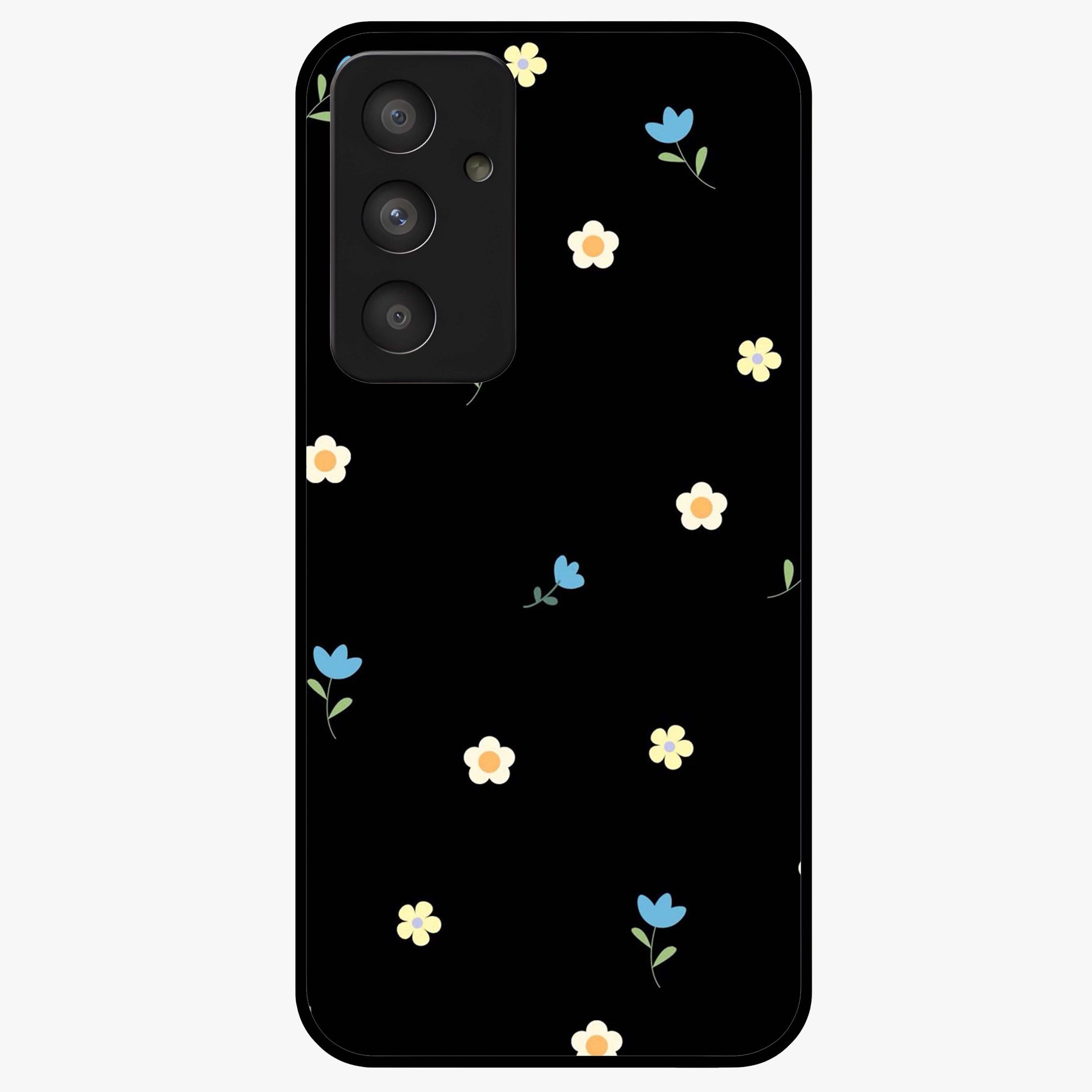 Minimalistic Blue With White Flower Pattern Glass Case showing flat back view with blue background and white flower pattern and glossy glass finish.
