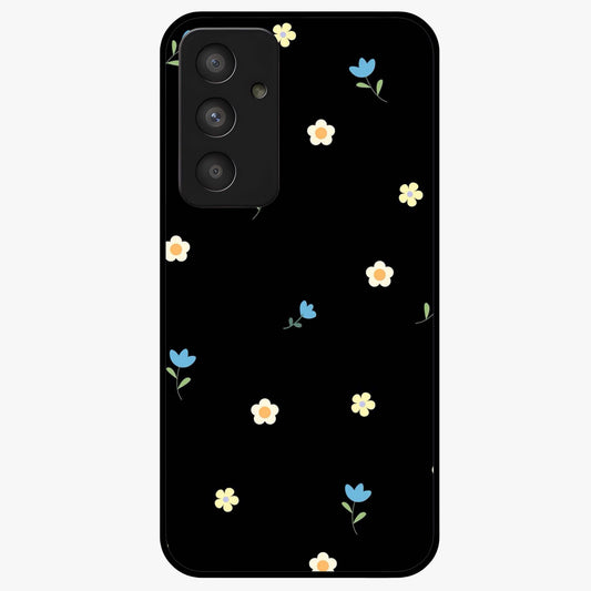 Minimalistic Blue With White Flower Pattern Glass Case showing flat back view with blue background and white flower pattern and glossy glass finish.