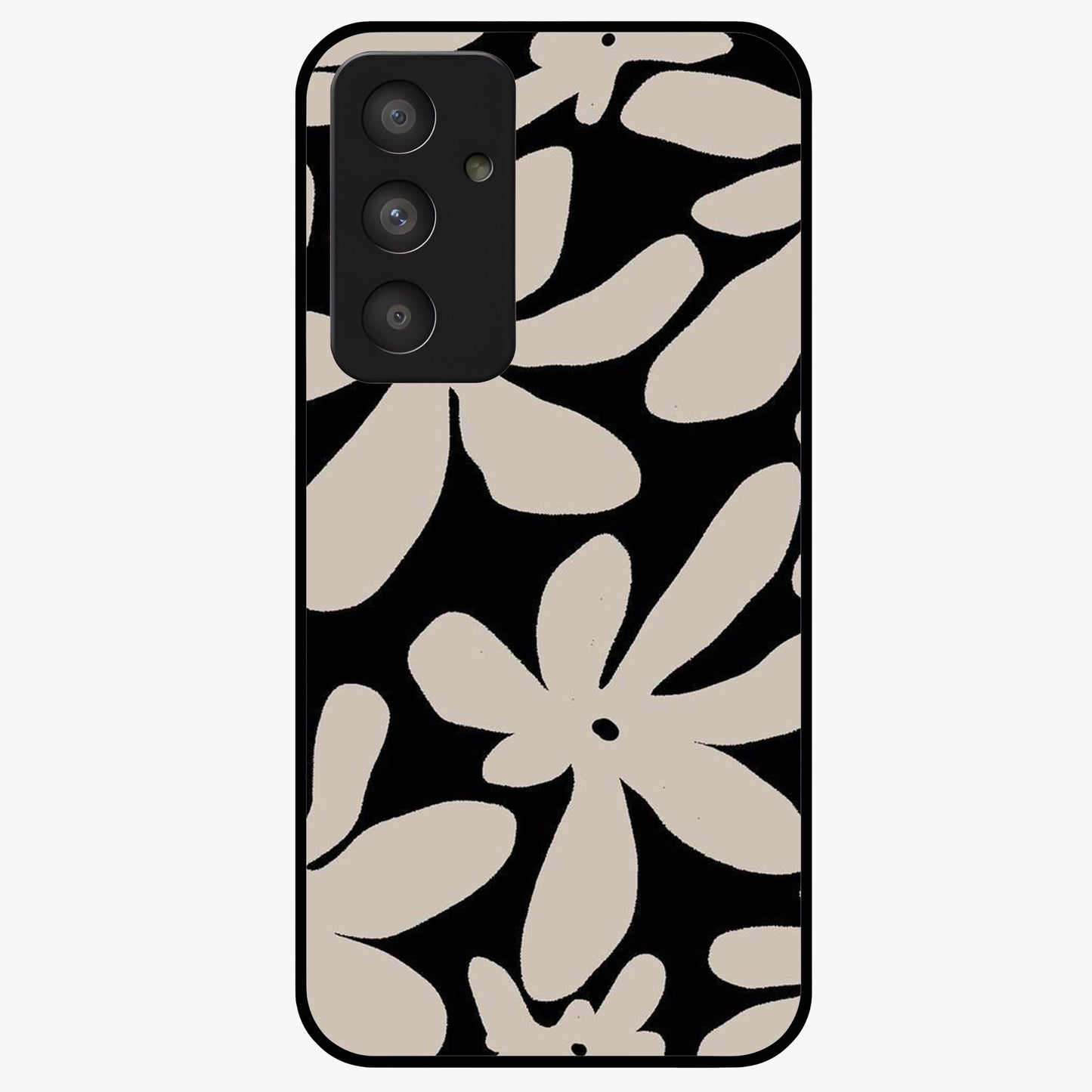 Monochrome Petal Dance Glass Case showing flat back view with monochrome floral artwork and glossy glass finish.