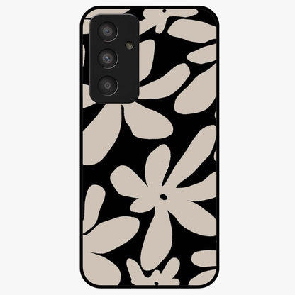 Monochrome Petal Dance Glass Case showing flat back view with monochrome floral artwork and glossy glass finish.