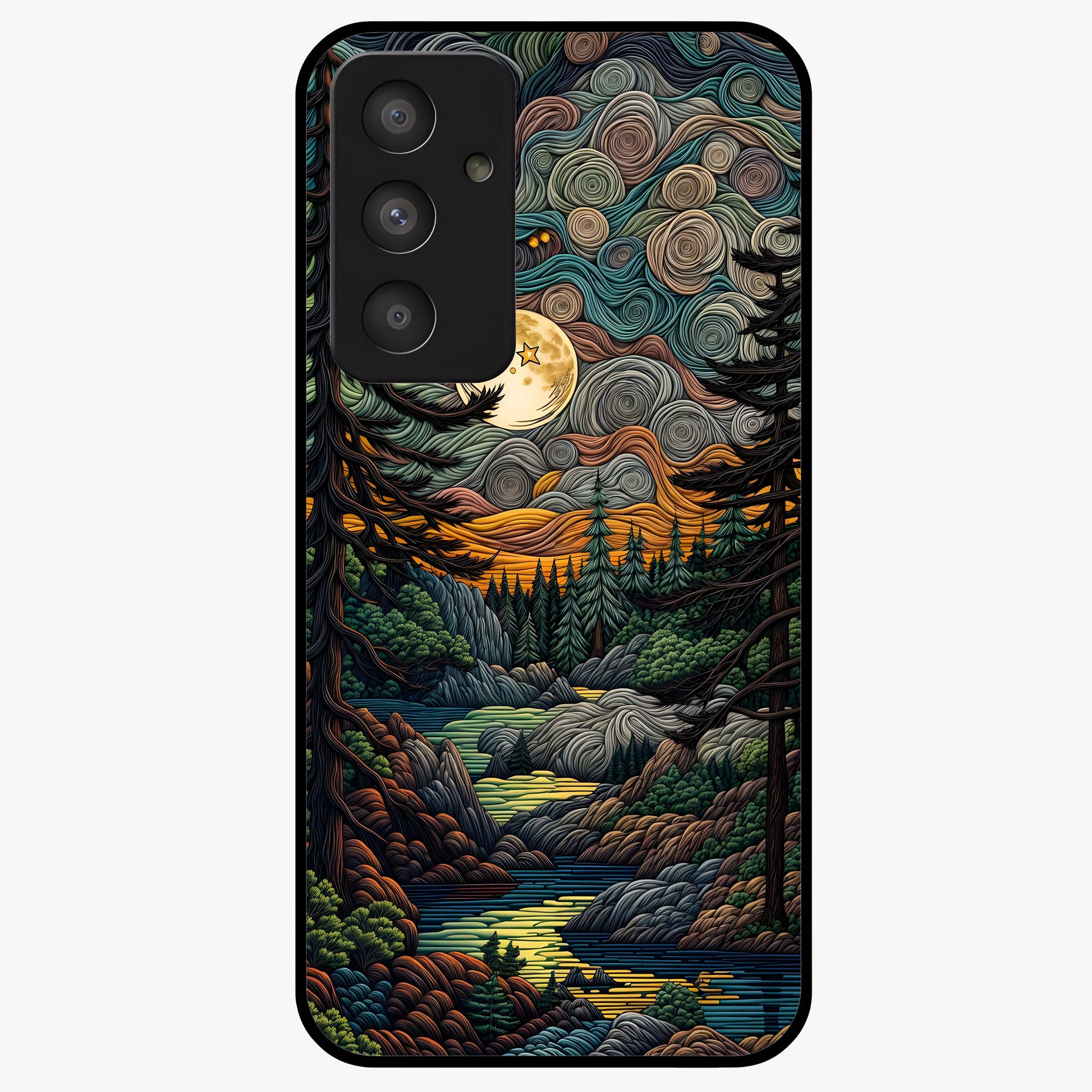 Moonlight Forest Dream Glass Case showing flat back view with mystical forest moonlight artwork and glossy glass finish.