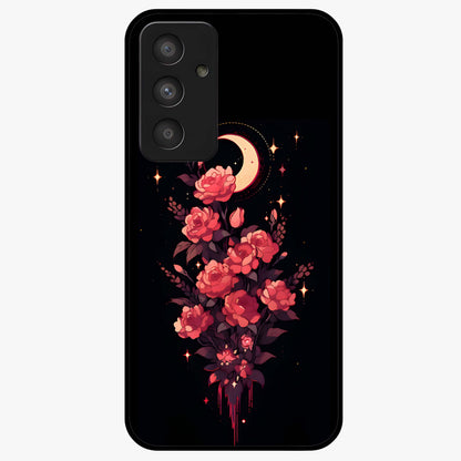 Moonlit Floral Elegance Glass Case showing flat back view with elegant floral artwork under moonlit tones and glossy glass finish.