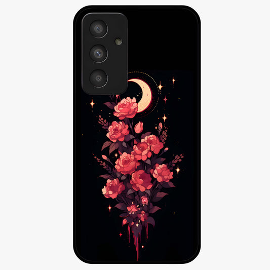 Moonlit Floral Elegance Glass Case showing flat back view with elegant floral artwork under moonlit tones and glossy glass finish.