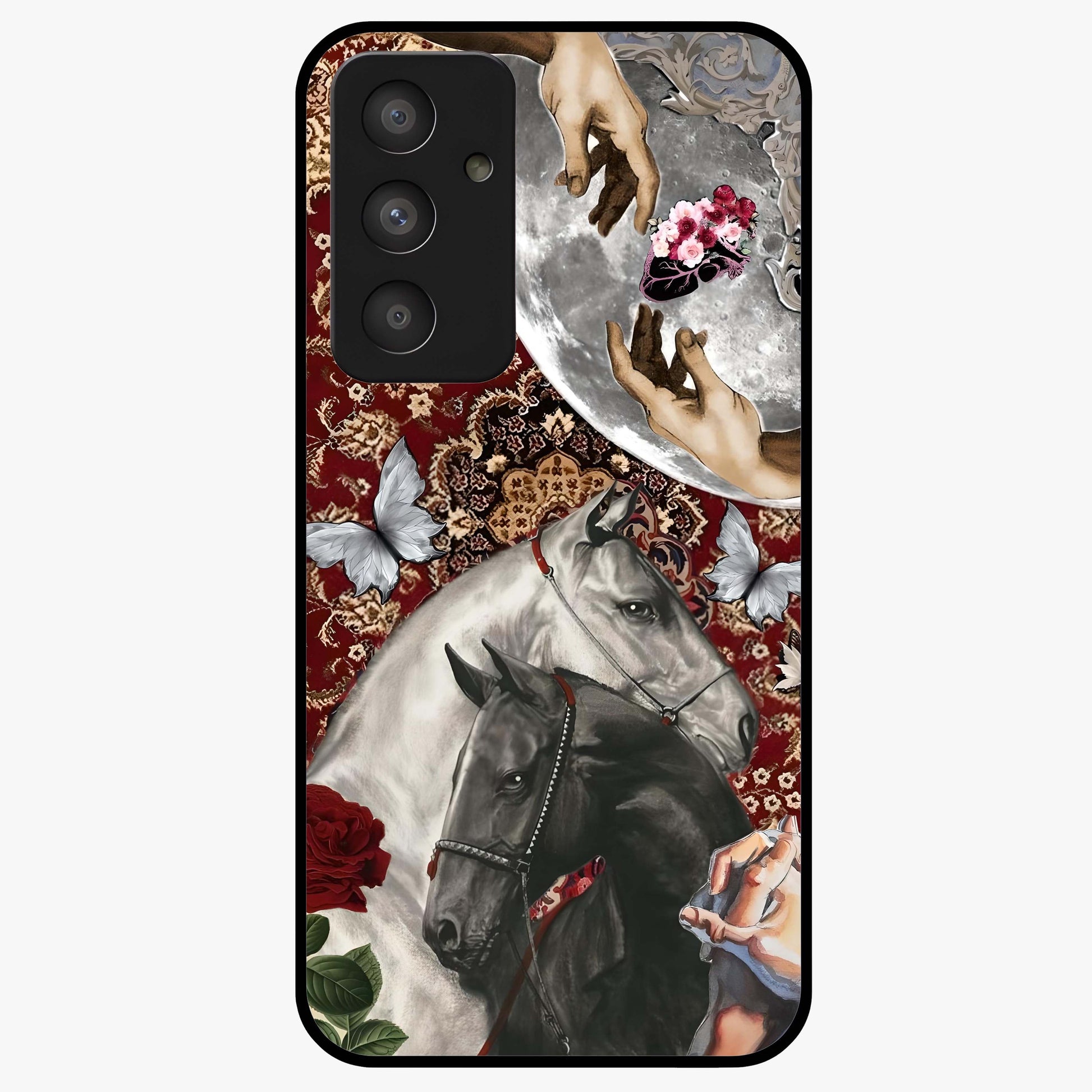 Moonlit Royal Stallion Glass Case showing flat back view with majestic horse under moonlight artwork and glossy glass finish.