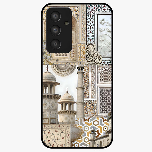 Mughal Marble Legacy Glass Case showing flat back view with intricate Mughal inspired marble pattern and glossy glass finish.