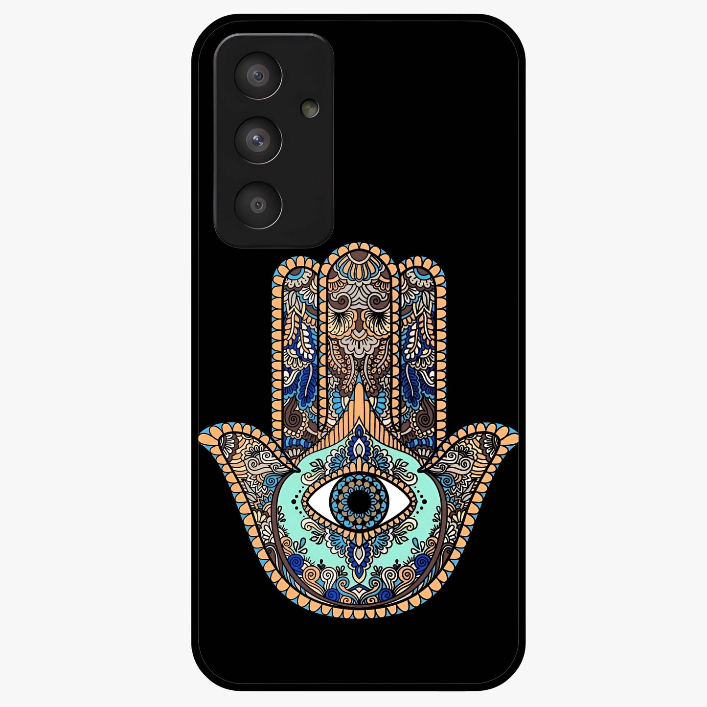 Mystic Hamsa Eye Glass Case showing flat back view with protective hamsa hand and evil eye artwork and glossy glass finish.
