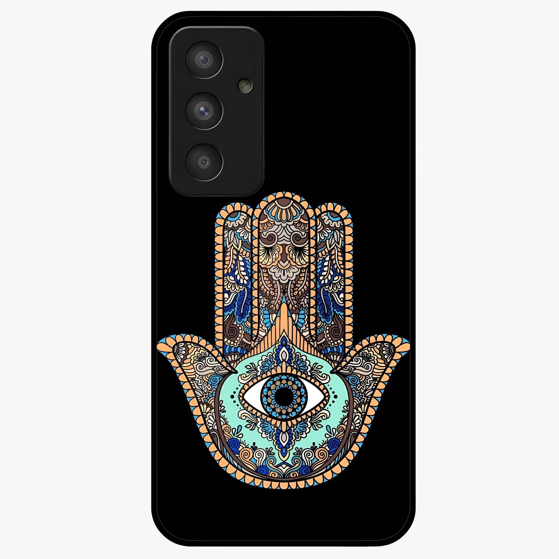 Mystic Hamsa Eye Glass Case showing flat back view with protective hamsa hand and evil eye artwork and glossy glass finish.