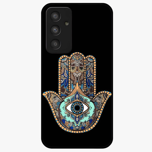 Mystic Hamsa Eye Glass Case showing flat back view with protective hamsa hand and evil eye artwork and glossy glass finish.