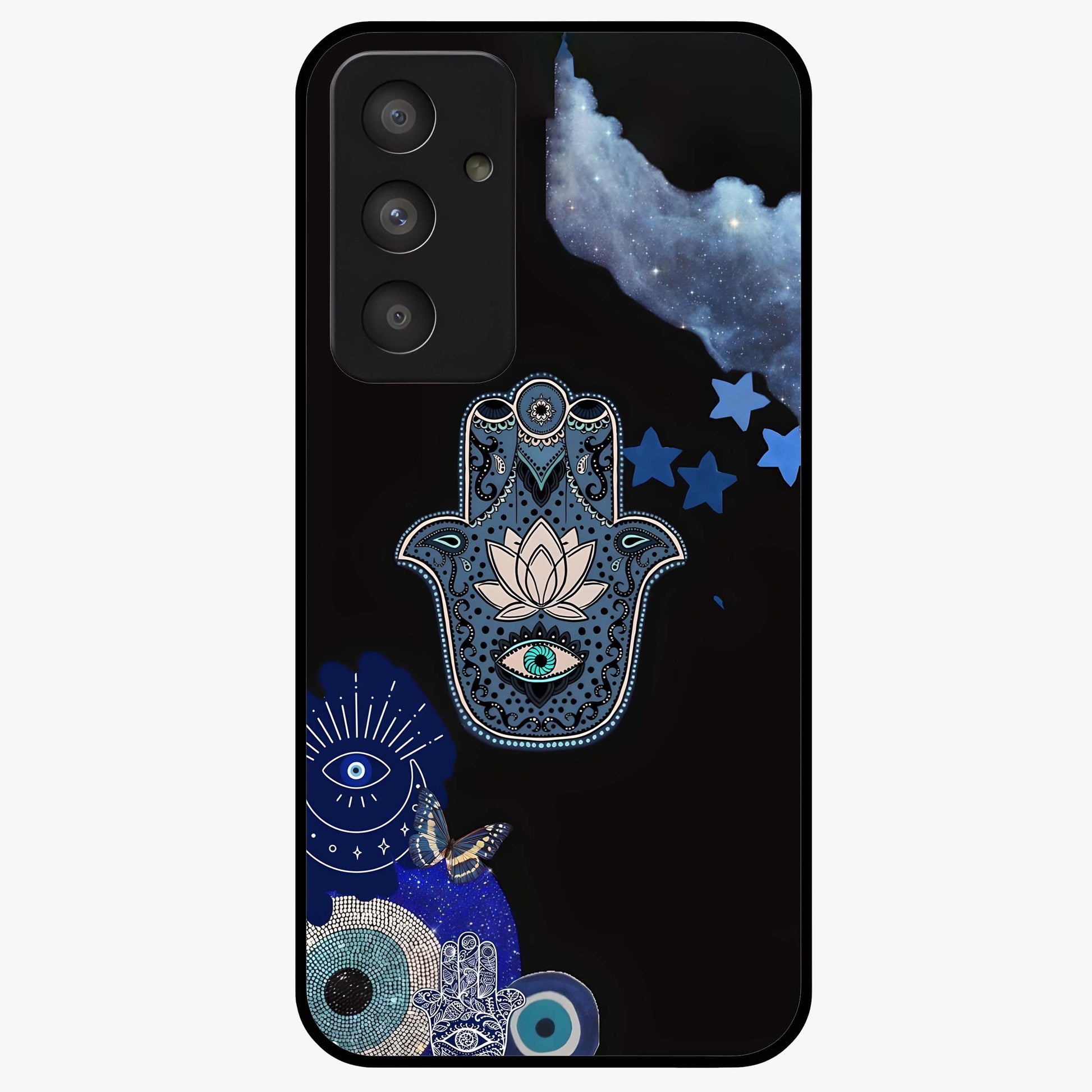 Mystic Hand Aura Glass Case showing flat back view with mystical hand symbol artwork and glossy glass finish.