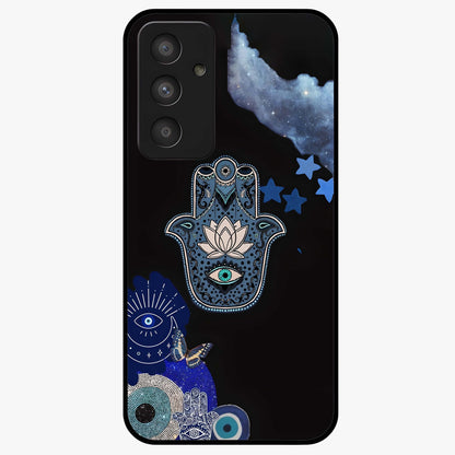 Mystic Hand Aura Glass Case showing flat back view with mystical hand symbol artwork and glossy glass finish.