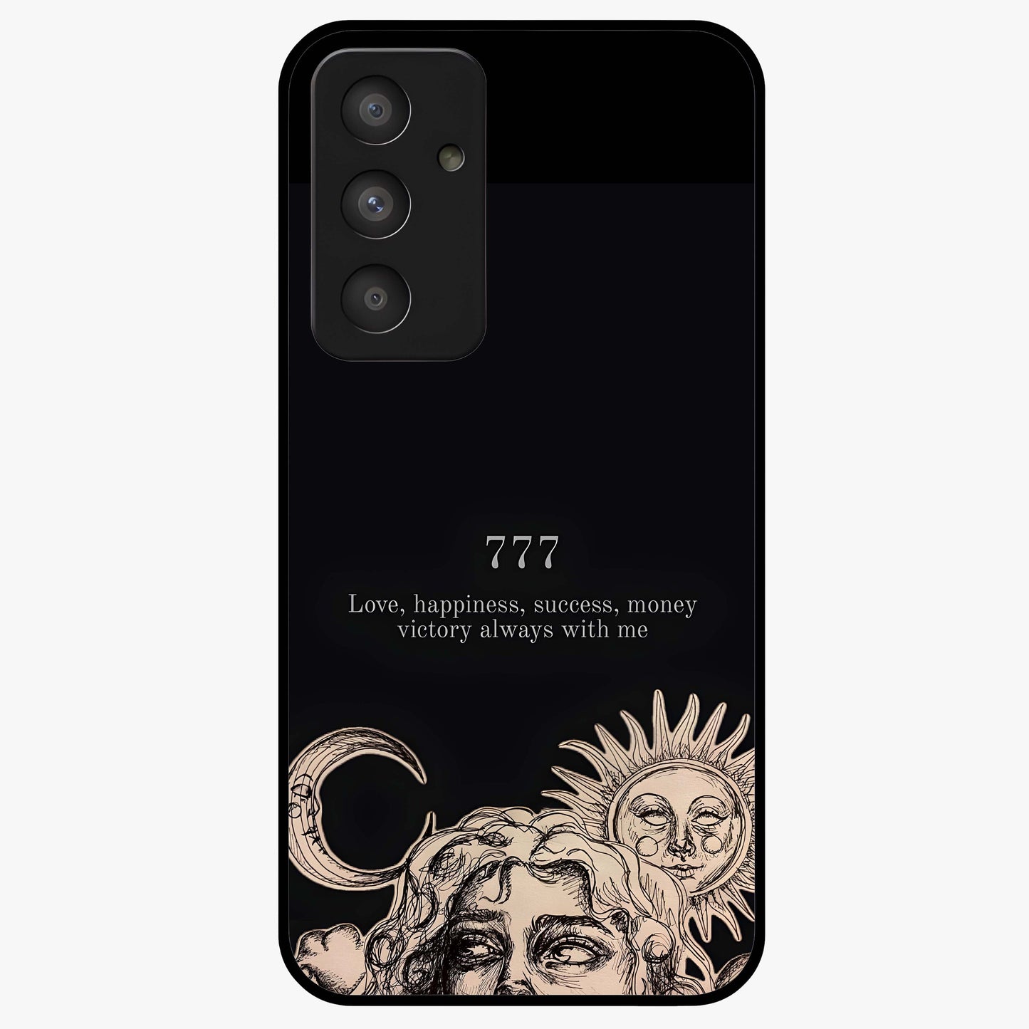 Mystic Victory Aura Glass Case showing flat back view with victory symbol artwork and glossy glass finish.