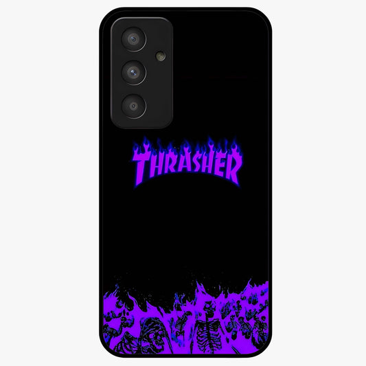 Neon Flame Riot Glass Case showing flat back view with neon flame artwork and glossy glass finish.
