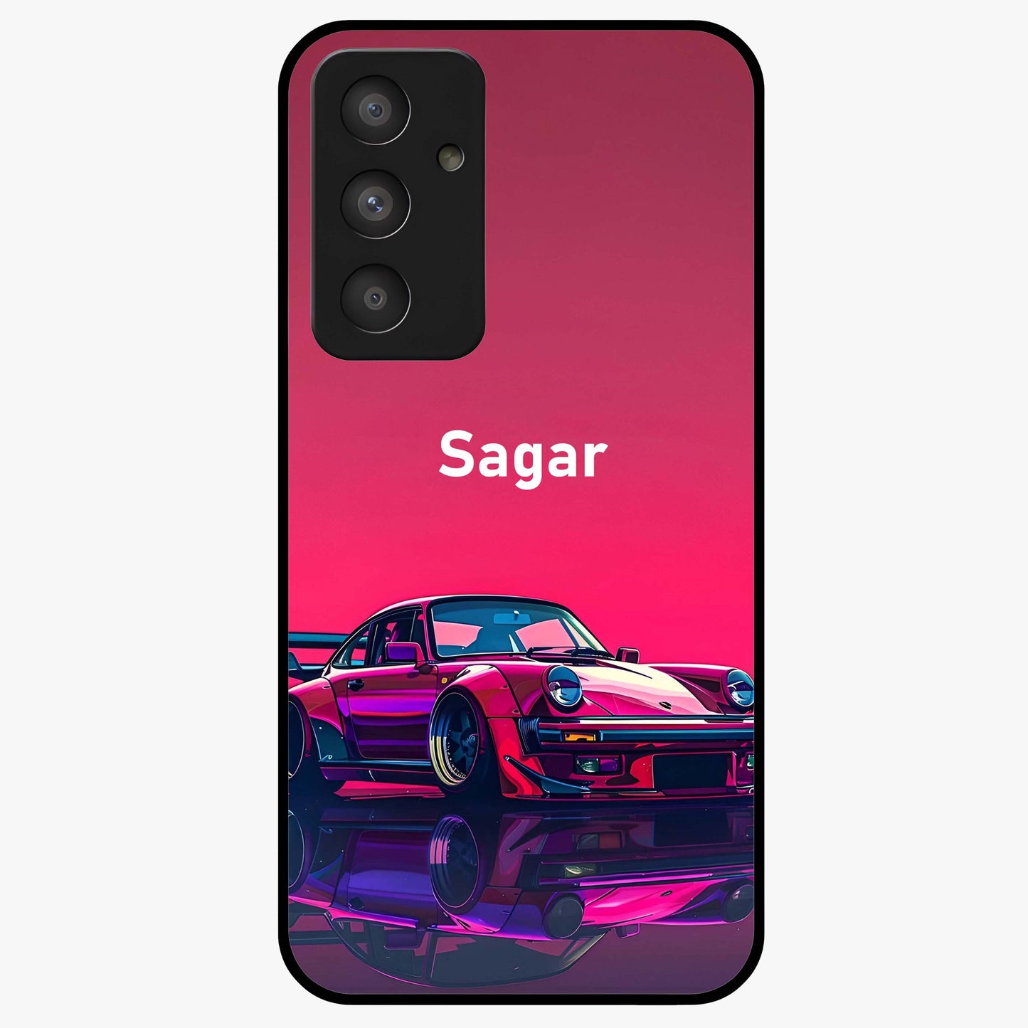 Neon Pink Porsche Glass Case showing flat back view with stylish sports car artwork and glossy glass finish.
