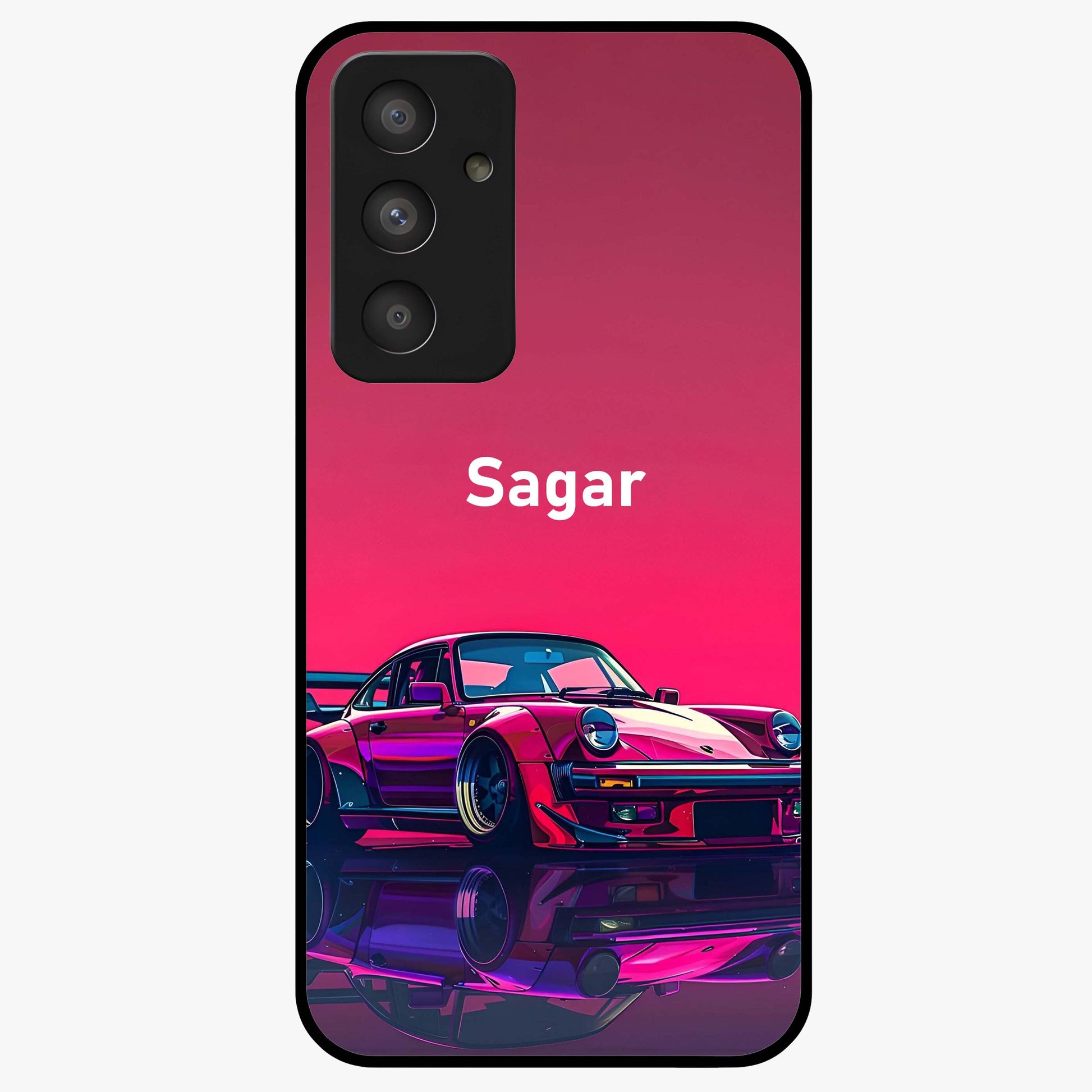Neon Pink Porsche Glass Case showing flat back view with stylish sports car artwork and glossy glass finish.