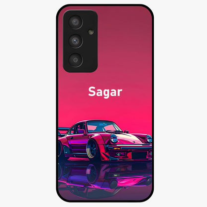 Neon Pink Porsche Glass Case showing flat back view with stylish sports car artwork and glossy glass finish.