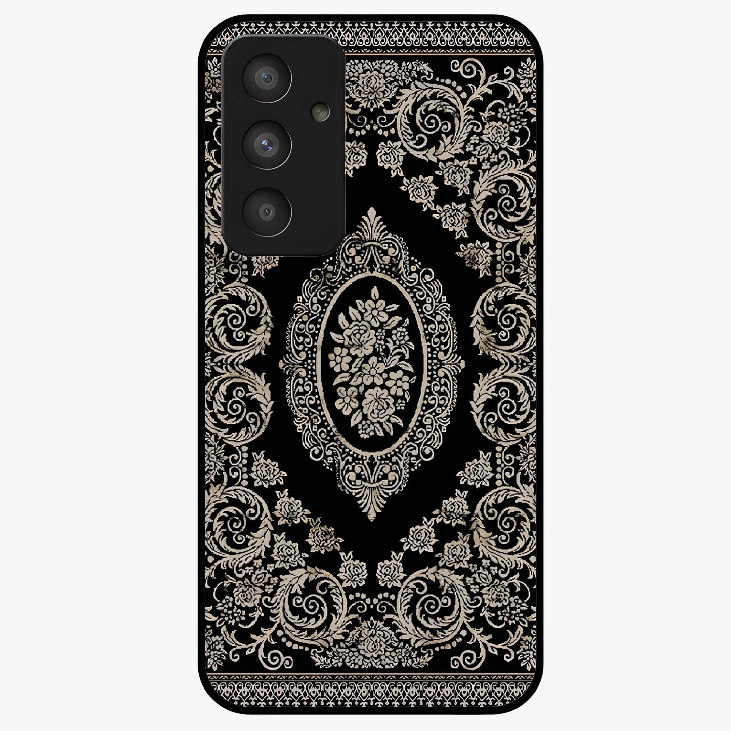 Noir Bloom Elegance Glass Case showing flat back view with elegant dark floral artwork and glossy glass finish.