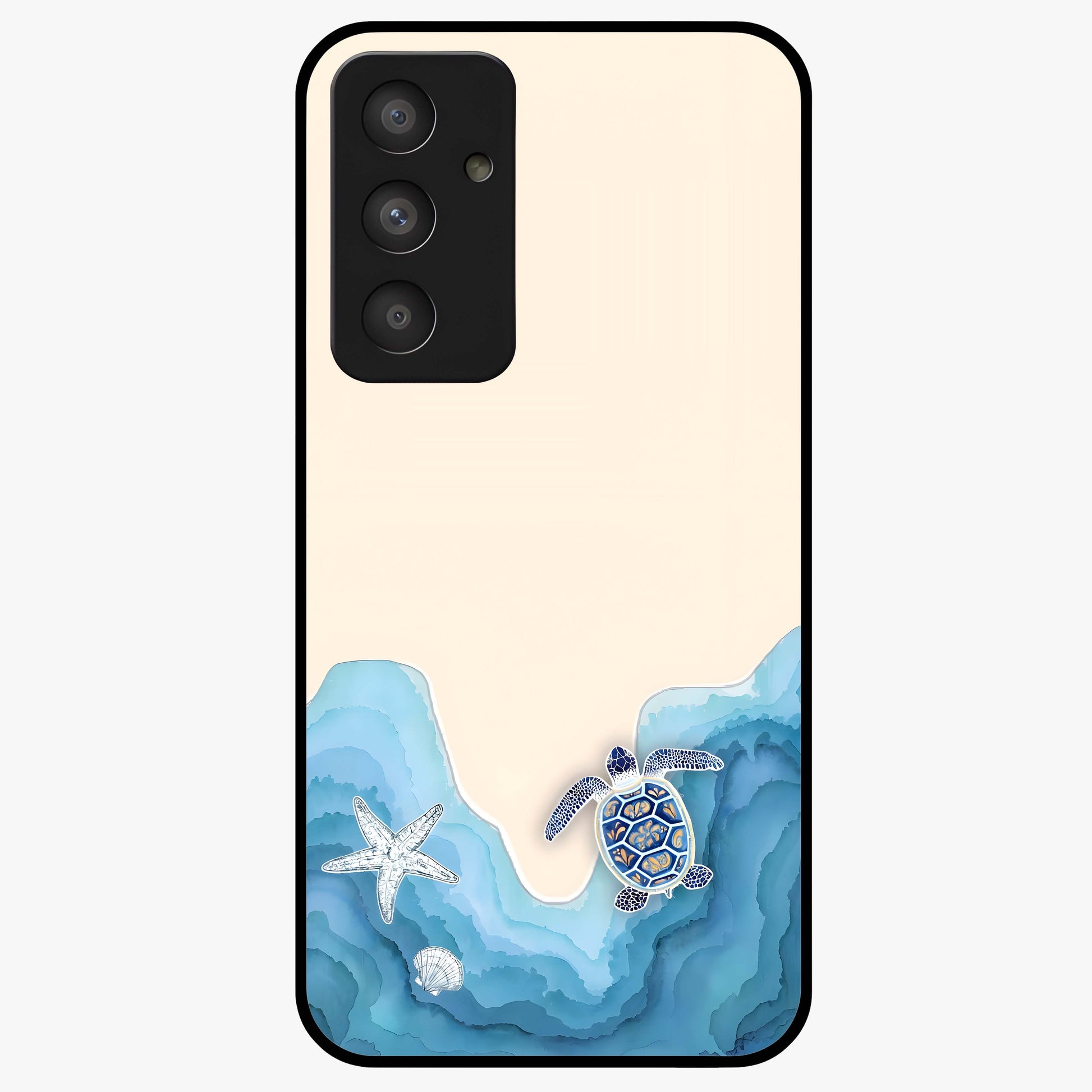 Ocean Drift Turtle Glass Case showing flat back view with sea turtle artwork and glossy glass finish.
