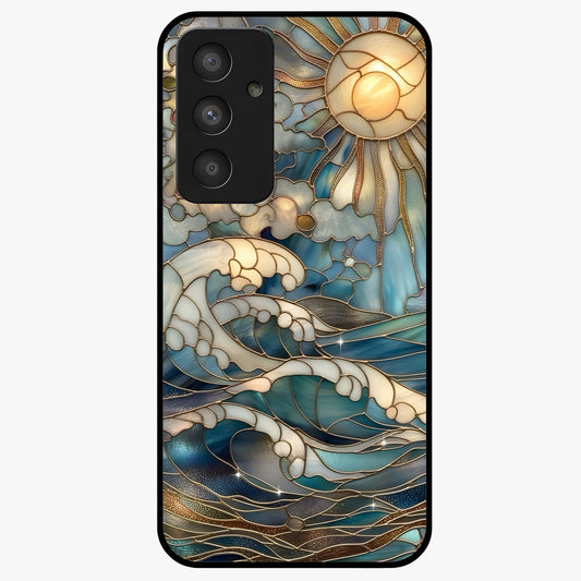Oceanic Stained Printed Glass Case showing flat back view with ocean inspired stained pattern artwork and glossy glass finish.