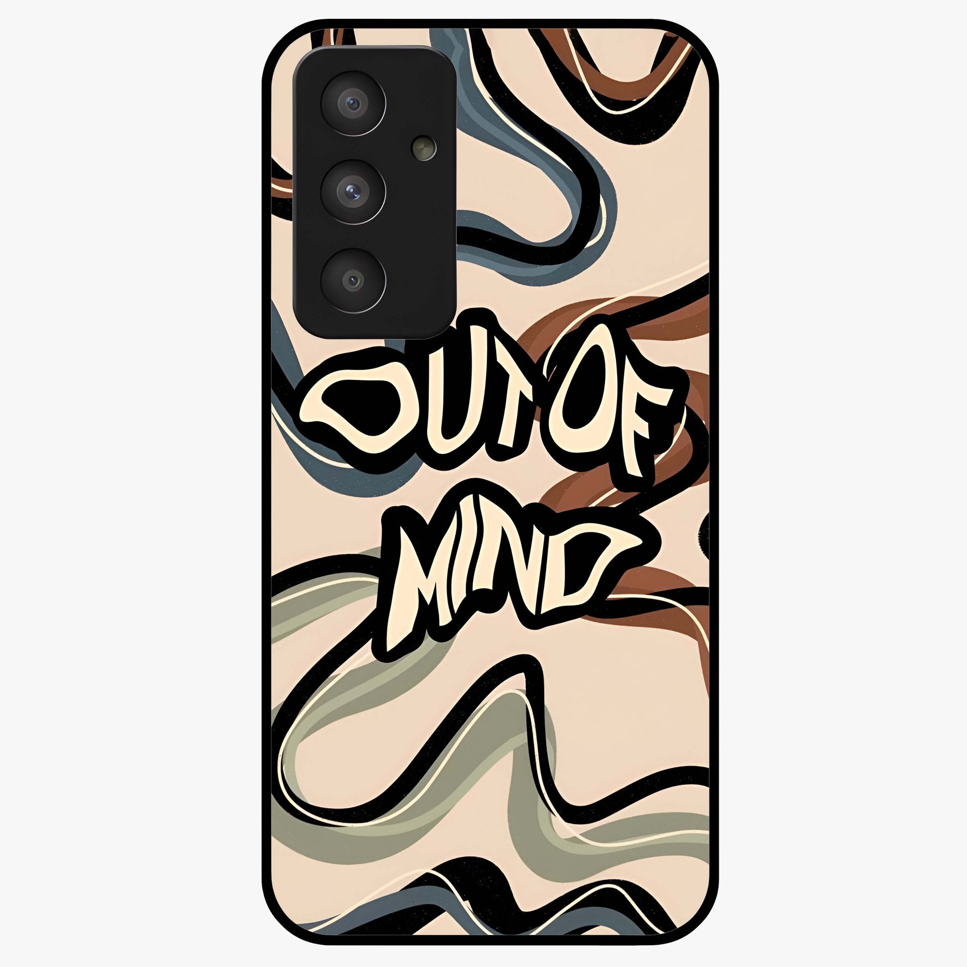 Out Of Mind Glass Case showing flat back view with expressive typography artwork and glossy glass finish.