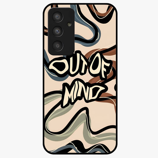 Out Of Mind Glass Case showing flat back view with expressive typography artwork and glossy glass finish.