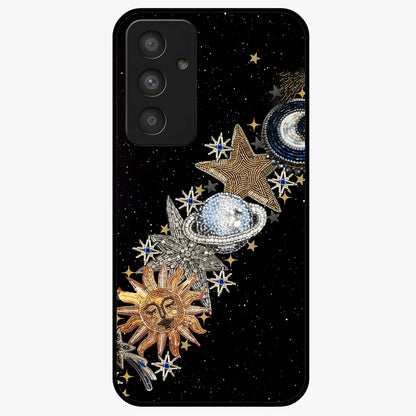 Pearls Universe Object Glass Case showing flat back view with pearl inspired cosmic artwork and glossy glass finish.