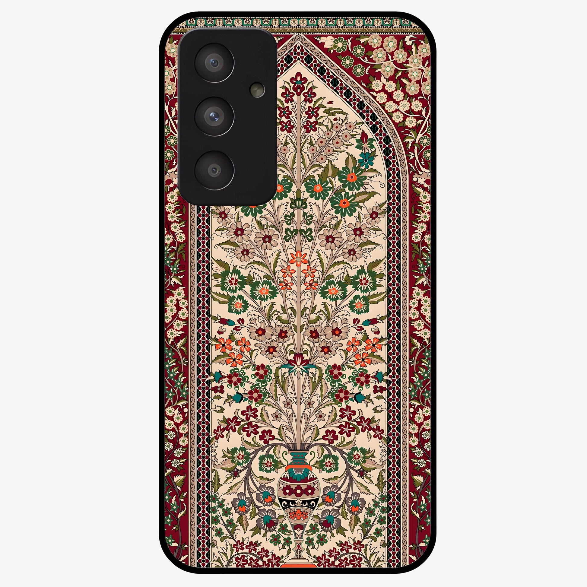Persian Inspired Glass Case showing flat back view with ornate Persian style pattern artwork and glossy glass finish.