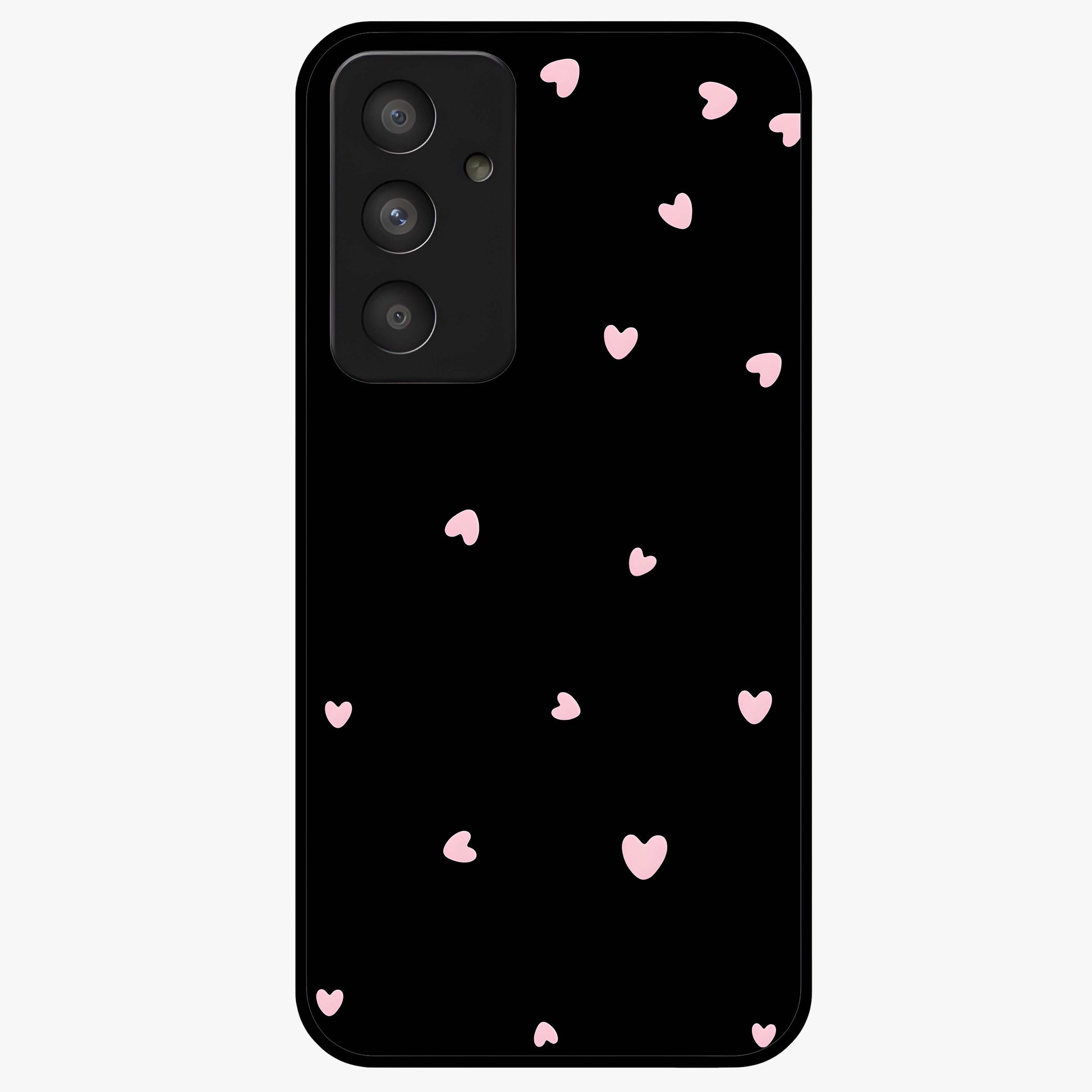 Pink Love Drops Glass Case showing flat back view with playful pink heart drops artwork and glossy glass finish.