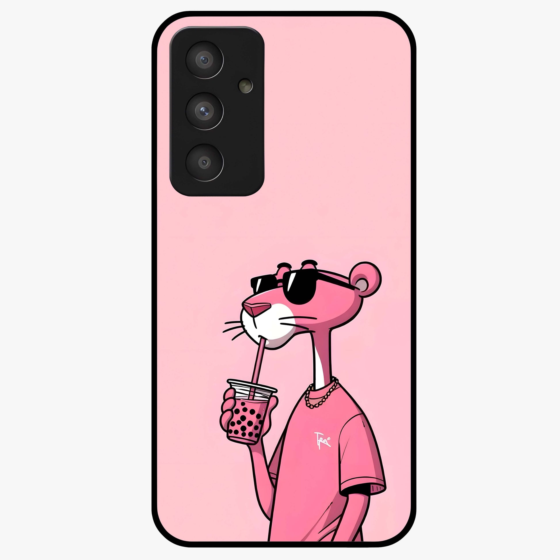 Pink Panther Glass Case showing flat back view with iconic pink panther artwork and glossy glass finish.
