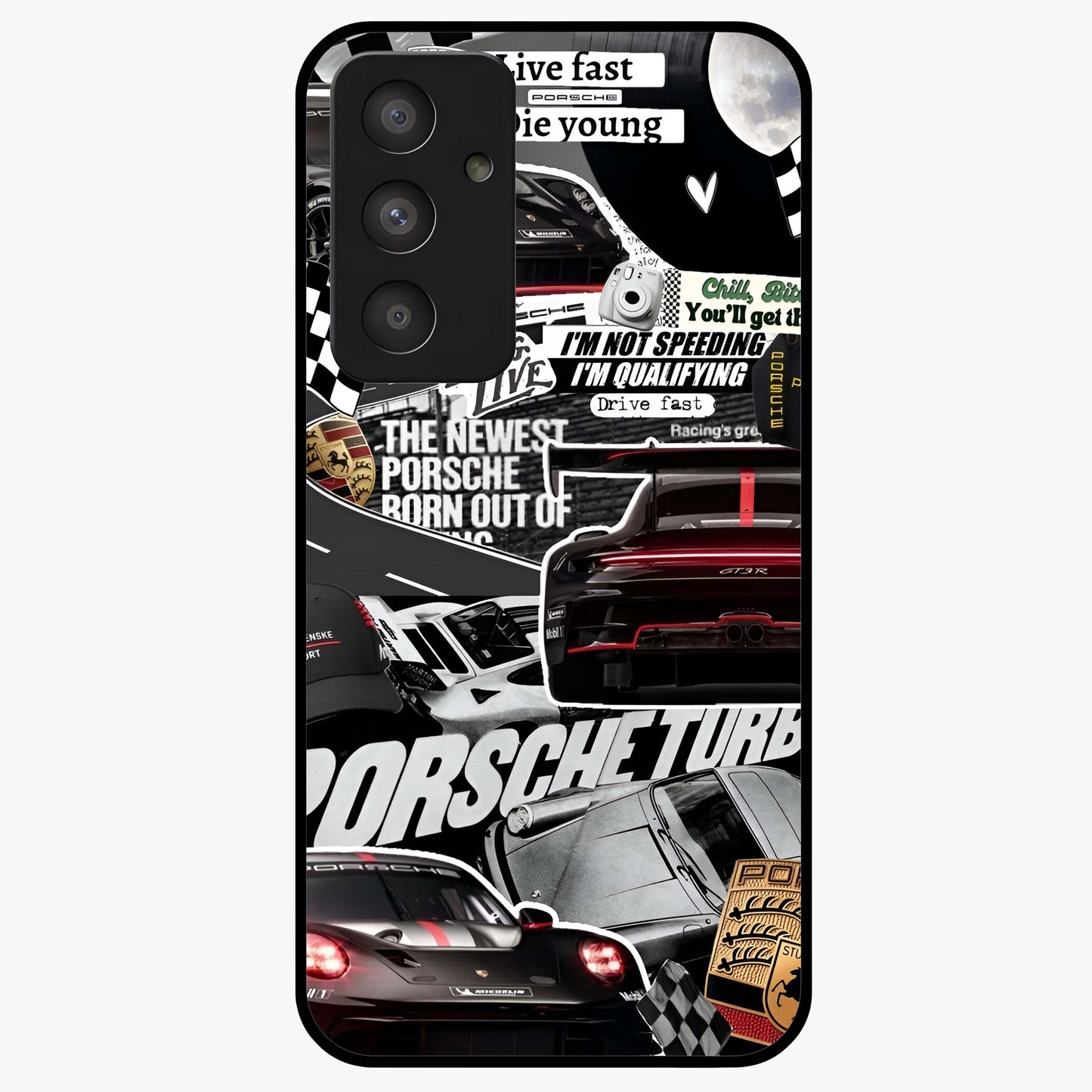 Porsche Racing Collage Glass Case showing flat back view with sports car racing collage artwork and glossy glass finish.