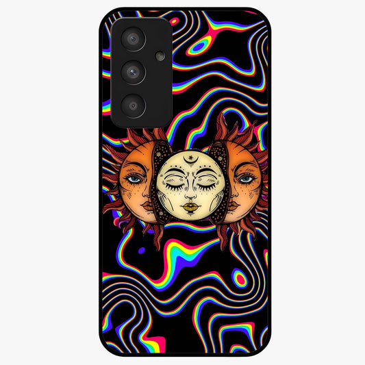 Psychedelic Sun Glass Case showing flat back view with colorful psychedelic sun artwork and glossy glass finish.