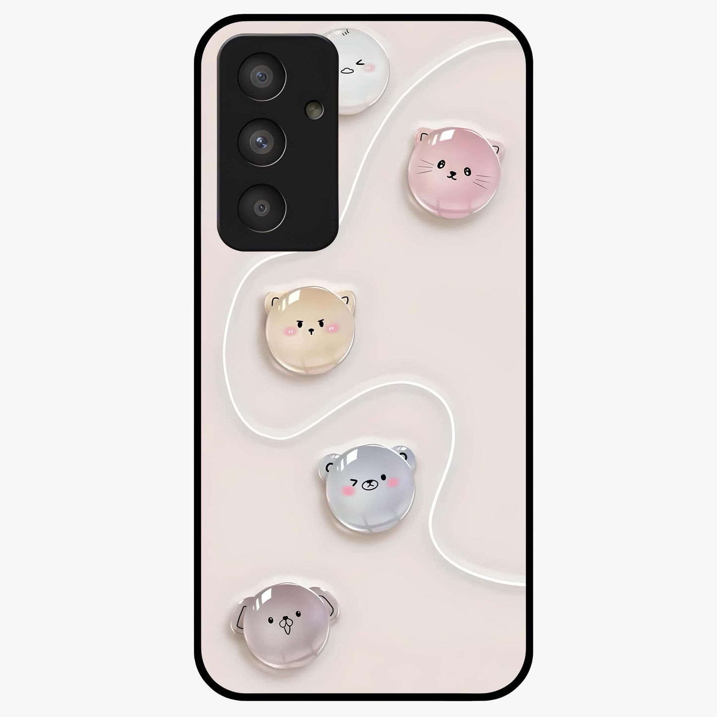 Puffy Face Parade Glass Case showing flat back view with cute puffy character faces artwork and glossy glass finish.