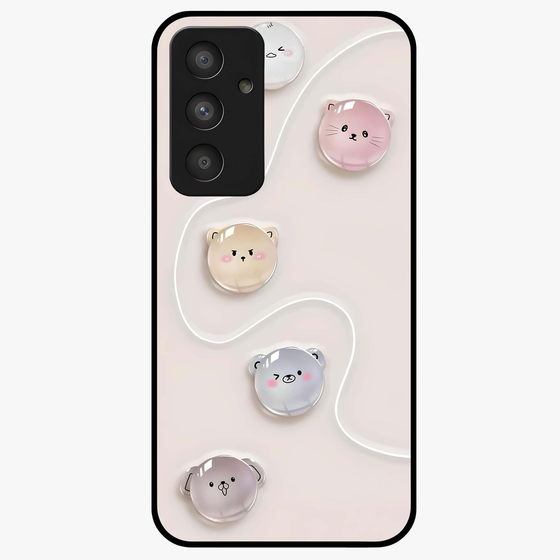 Puffy Face Parade Glass Case showing flat back view with cute puffy character faces artwork and glossy glass finish.