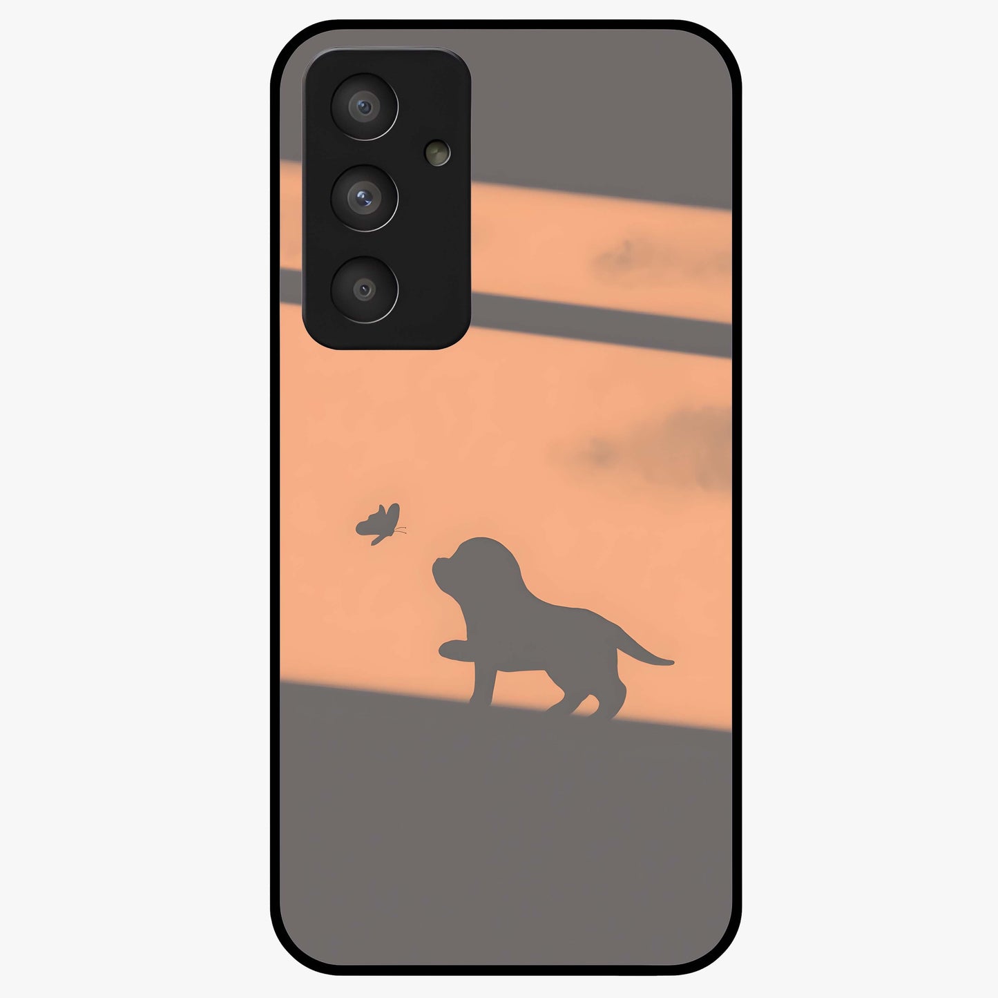 Puppy Shadow Art Glass Case showing flat back view with cute puppy shadow style artwork and glossy glass finish.