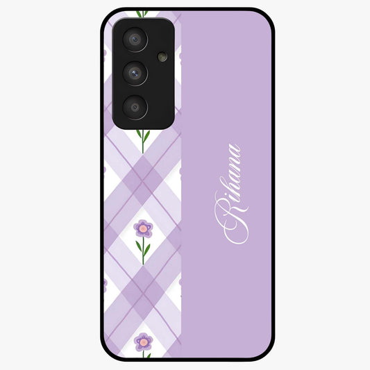 Purple Diamond Floral Glass Case showing flat back view with diamond shaped floral artwork and glossy glass finish.