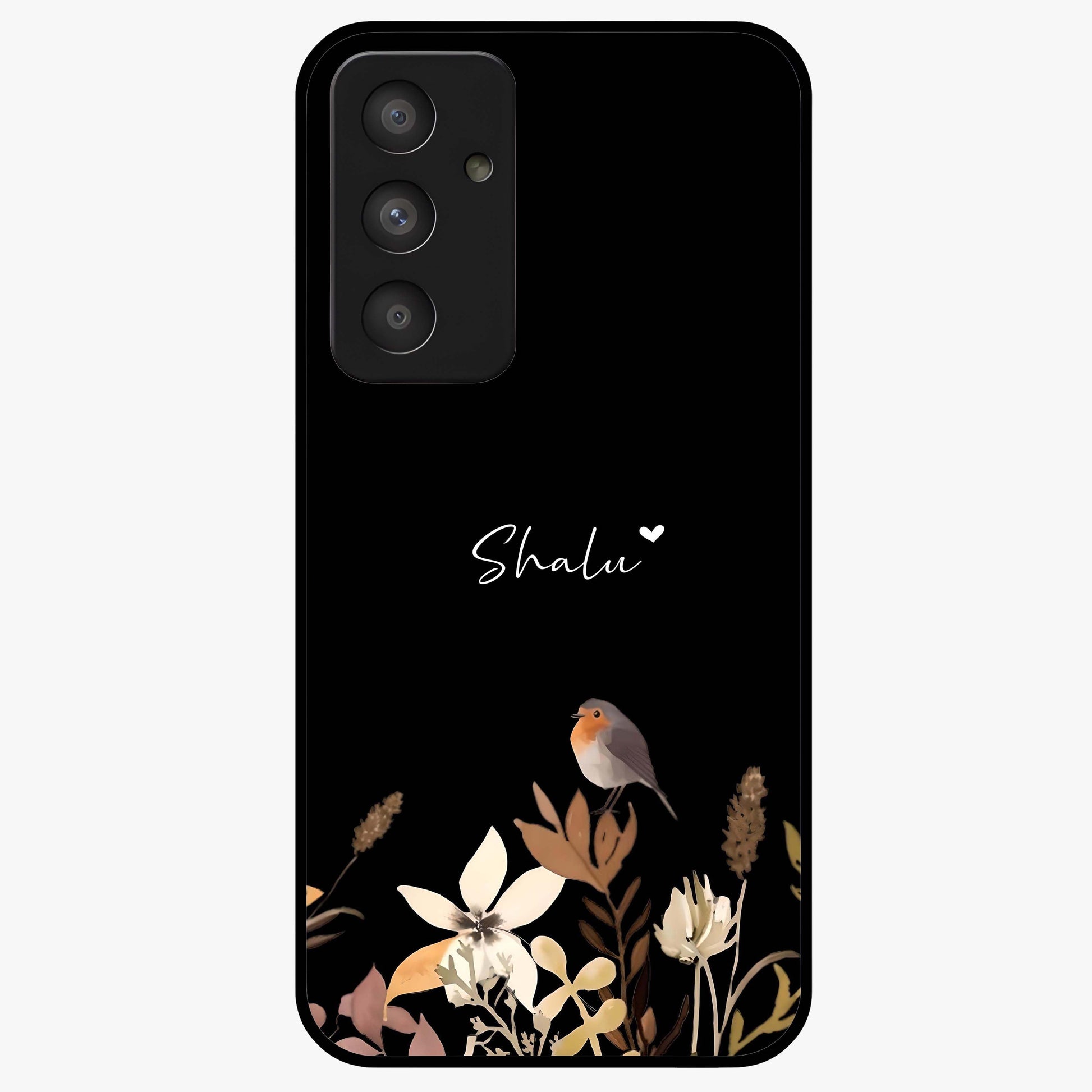 Quiet Garden Tune Custom Name Glass Case showing flat back view with peaceful garden artwork and personalized name design.
