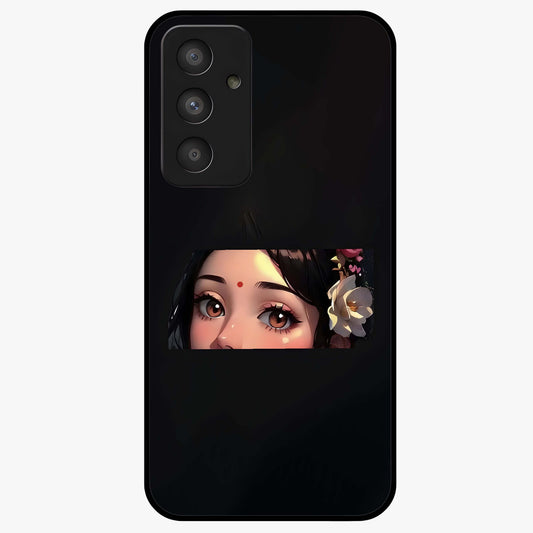 Radha Divine Embrace Glass Case showing flat back view with devotional Radha artwork and glossy glass finish.