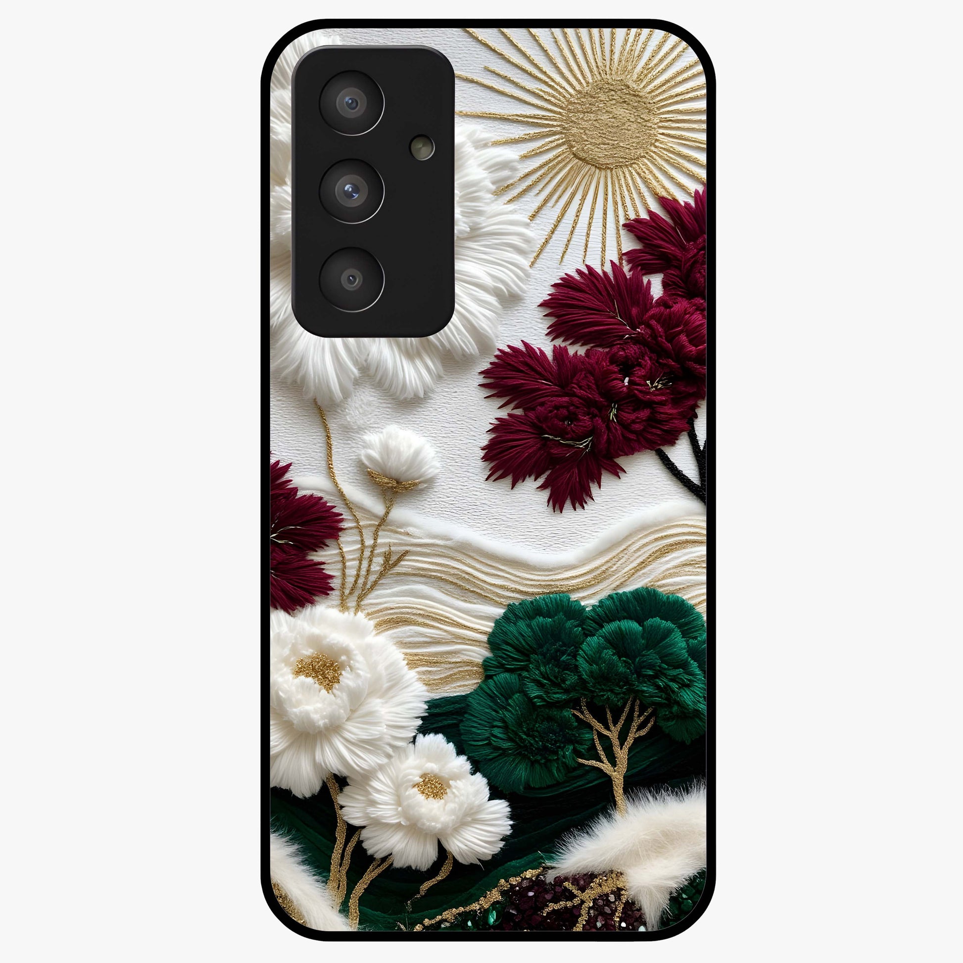 Radiant Bloom Elegance Glass Case showing flat back view with elegant blooming flower artwork and glossy glass finish.