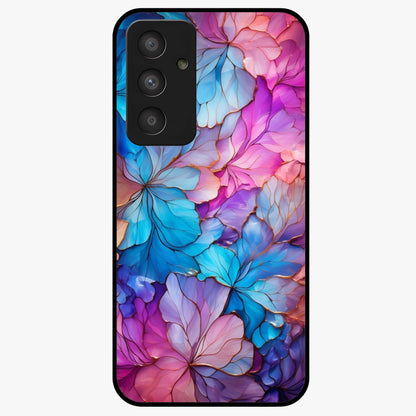 Radiant Floral Whirl Glass Case showing flat back view with swirling floral artwork and glossy glass finish.