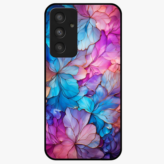 Radiant Floral Whirl Glass Case showing flat back view with swirling floral artwork and glossy glass finish.