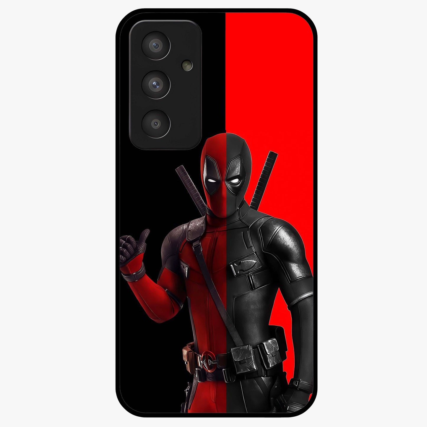 Red & Black Deadpool Theme Glass Case showing flat back view with bold comic inspired artwork and glossy glass finish.