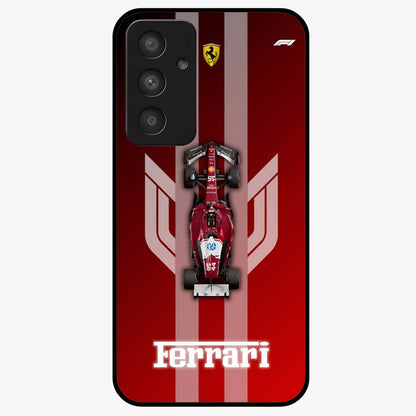 Red Ferrari F1 Vertical Glass Case showing flat back view with sleek Formula racing car artwork and glossy glass finish.