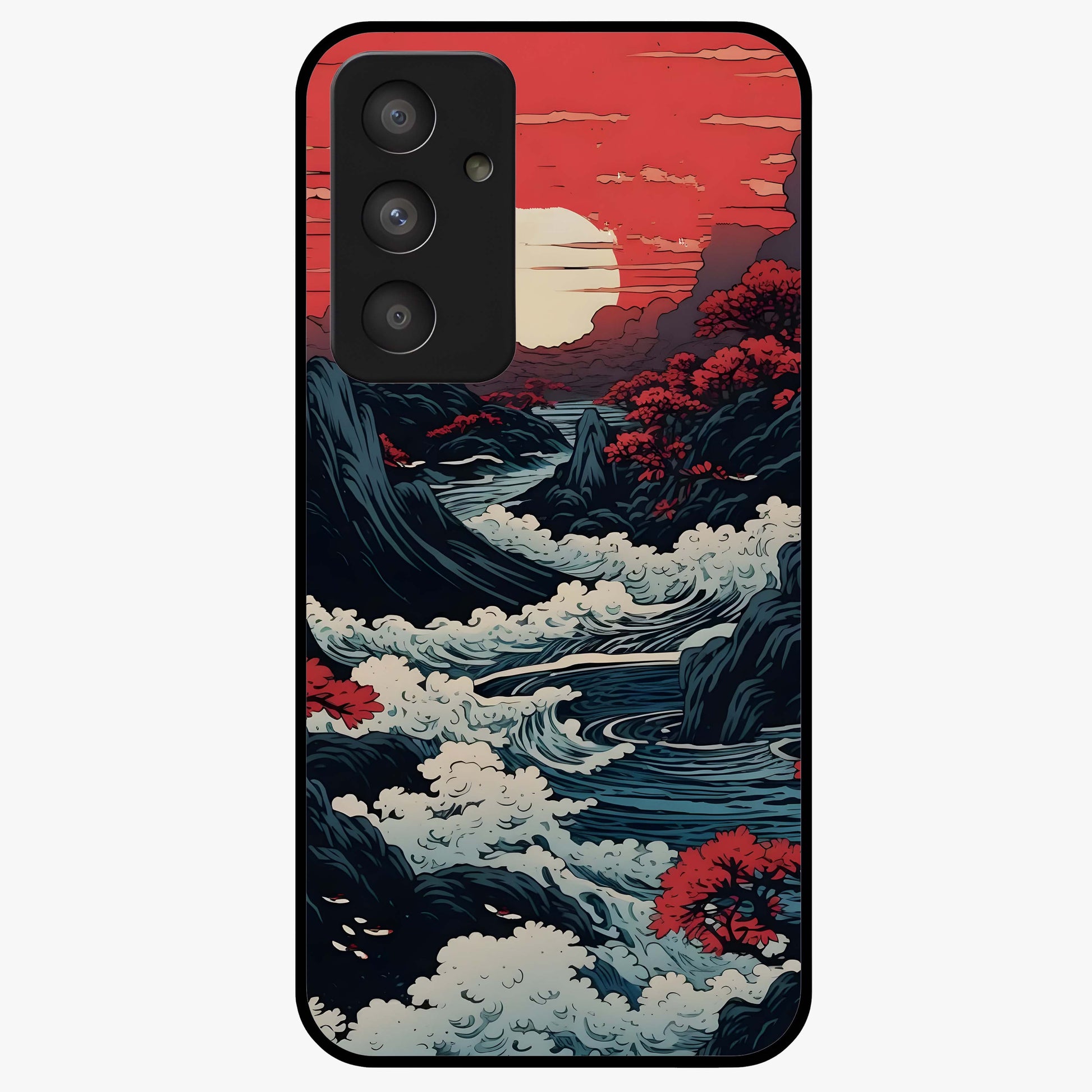 Red Sunset Scenery Glass Case showing flat back view with vibrant sunset landscape artwork and glossy glass finish.