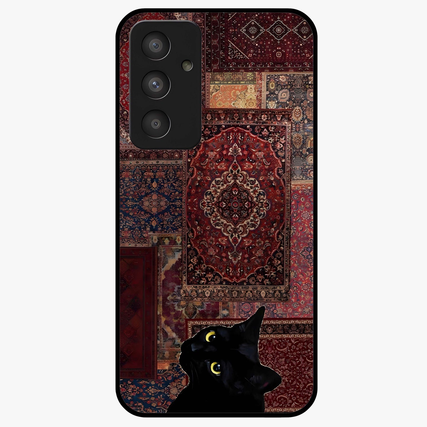 Regal Magic Cat Apple Glass Case showing flat back view with magical cat artwork holding apple and glossy glass finish.