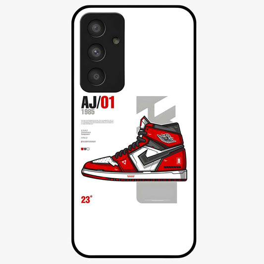 Retro Sneaker Blueprint Glass Case showing flat back view with sneaker blueprint style artwork and glossy glass finish.