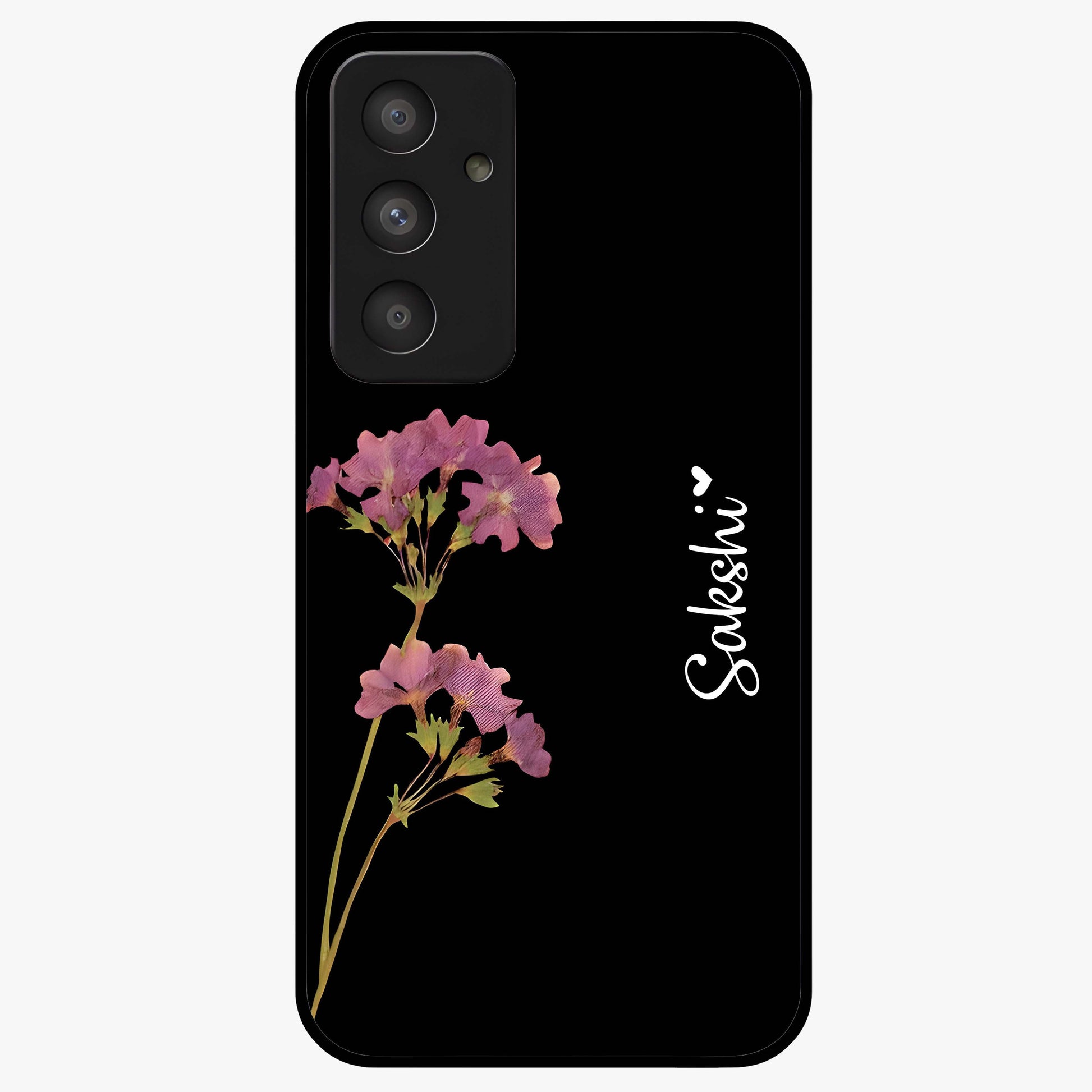 Riching Lavender Flower Custom Name Glass Case showing flat back view with lavender floral artwork and personalized name design.