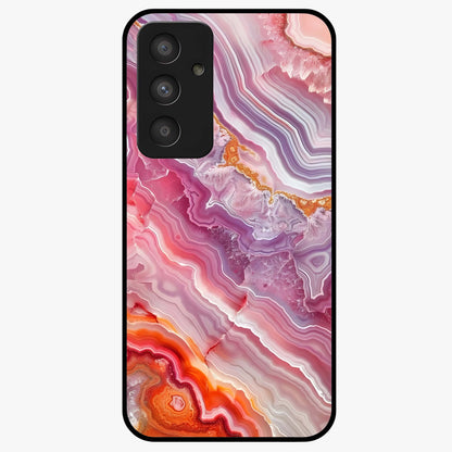 Rose Quartz Marble Glass Case showing flat back view with pink marble quartz texture artwork and glossy glass finish.