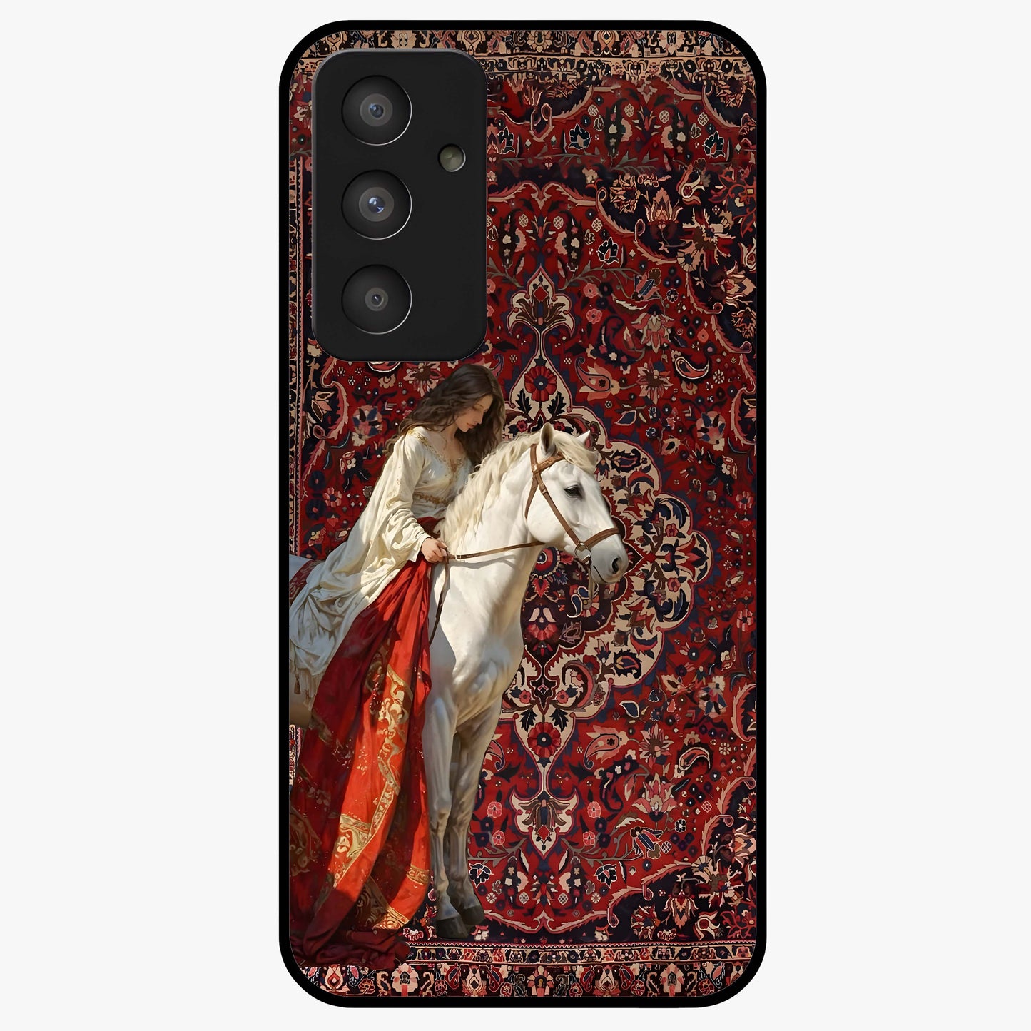 Royal Rider Tapestry Glass Case showing flat back view with majestic horse rider tapestry artwork and glossy glass finish.