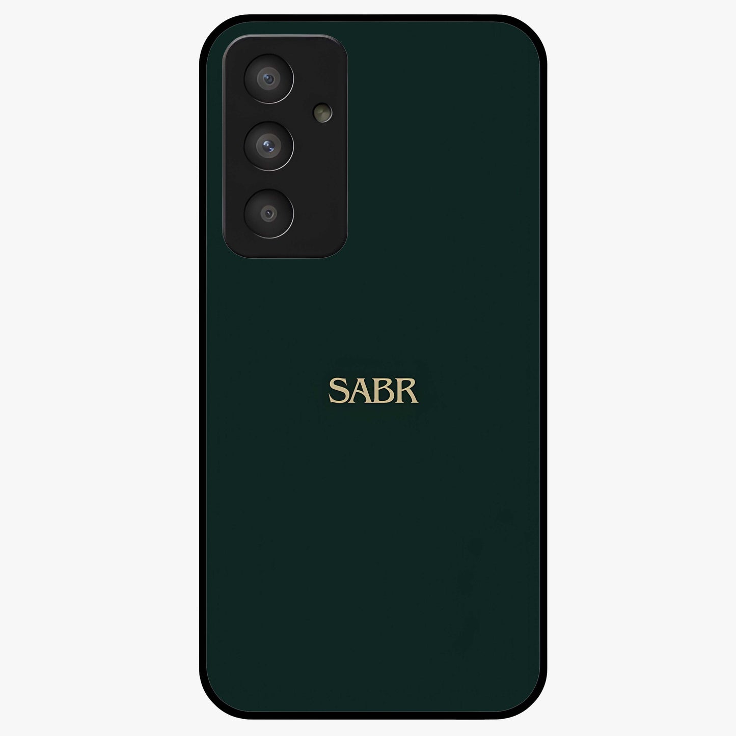 Sabr Minimal Patience Glass Case showing flat back view with minimalist typography artwork and glossy glass finish.